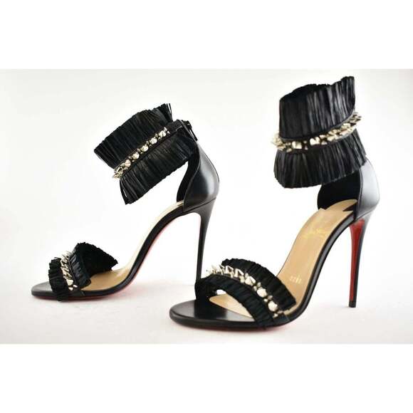 Christian Louboutin Poupedou 100 Black Raffia Ankle Strap Sandal Heel Pump 36 - Picture 9 of 11